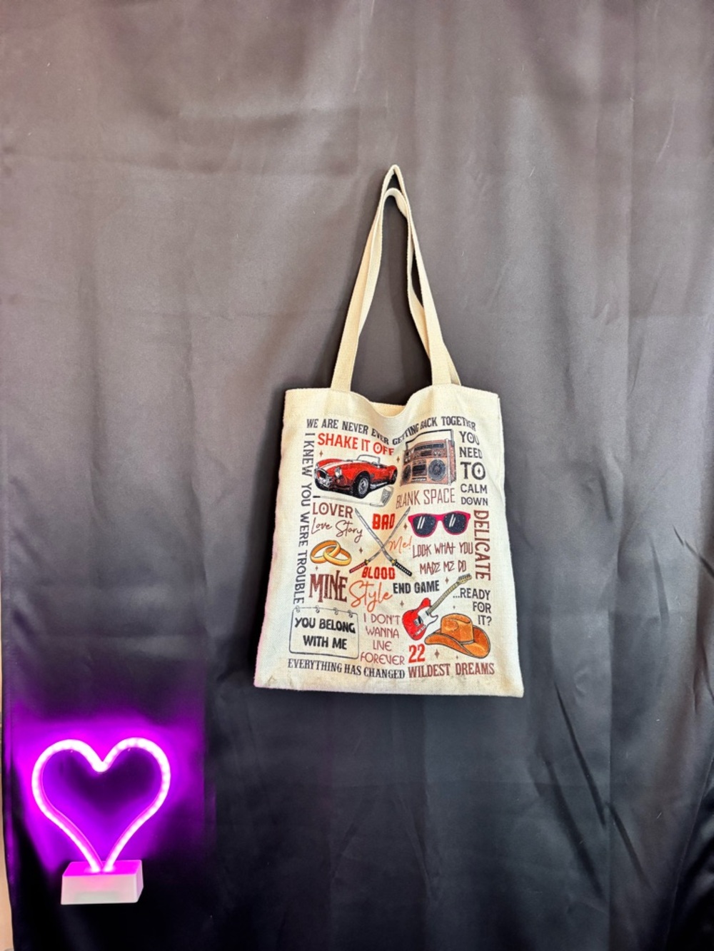 Canvas Tote Bag with Vintage Graphic Print - Beige Taylor Swift concert western